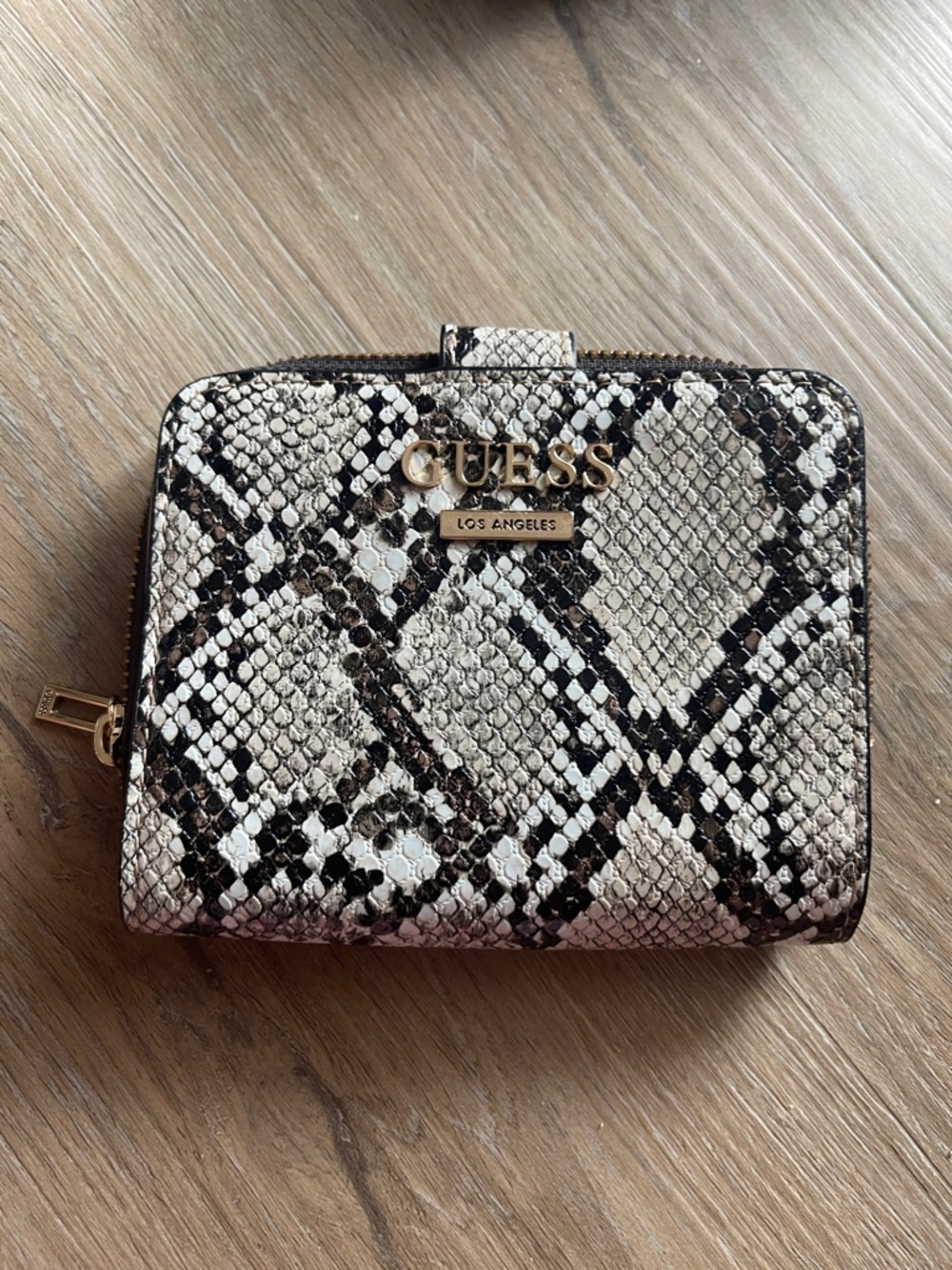 GUESS Snake-Print Compact Zip Wallet in Beige and Black